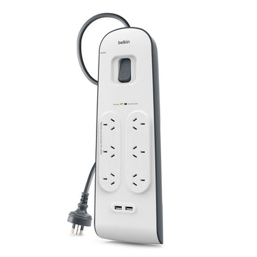 Belkin 6-Outlet Surge Protector Powerboard with 2M Lead 2 x USB Charging Ports - White/Grey